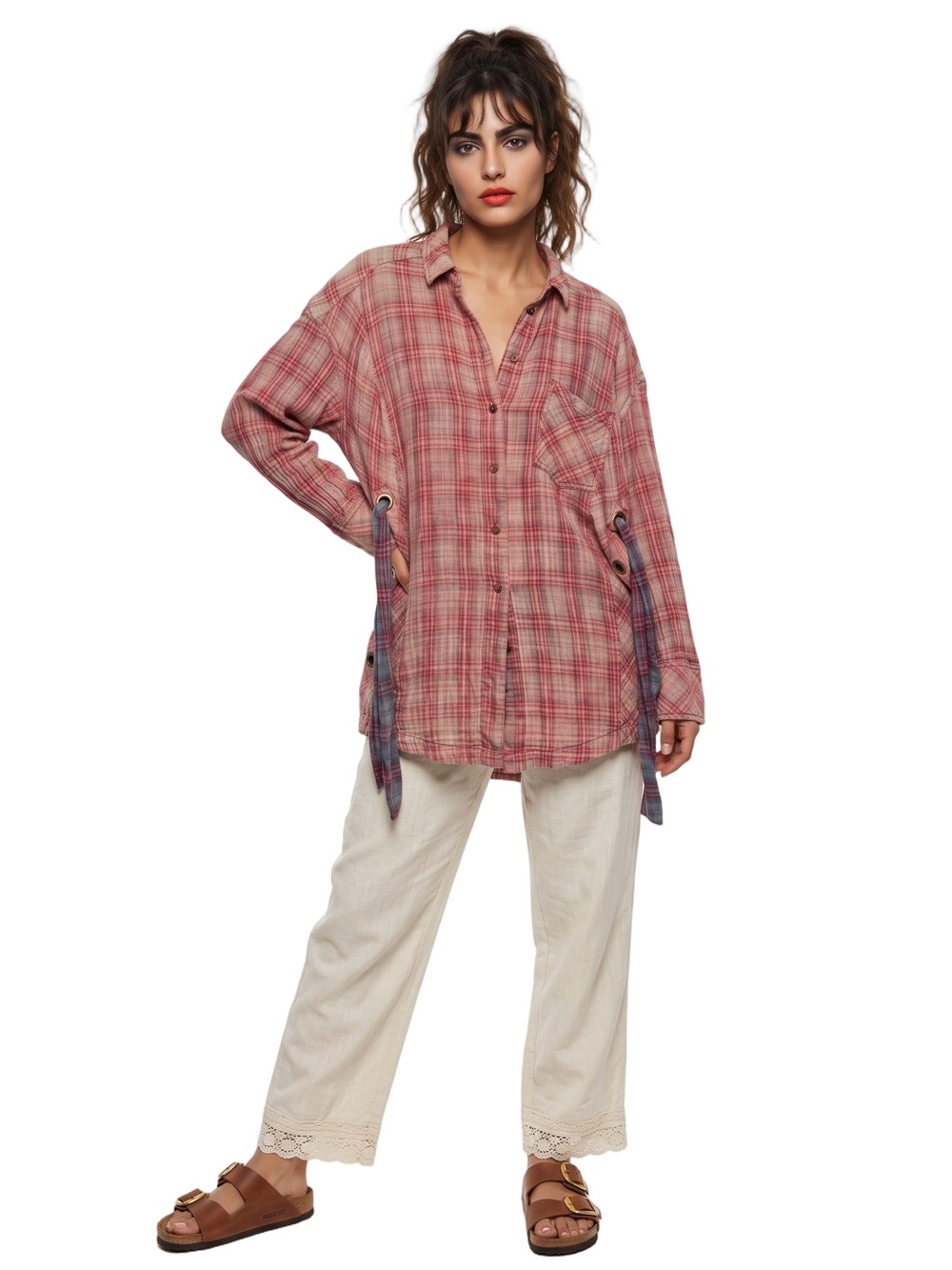 Free People Nordic Day Red Pink Plaid button down Long sleeve Plaid Shirt LaceUp - Picture 5 of 14